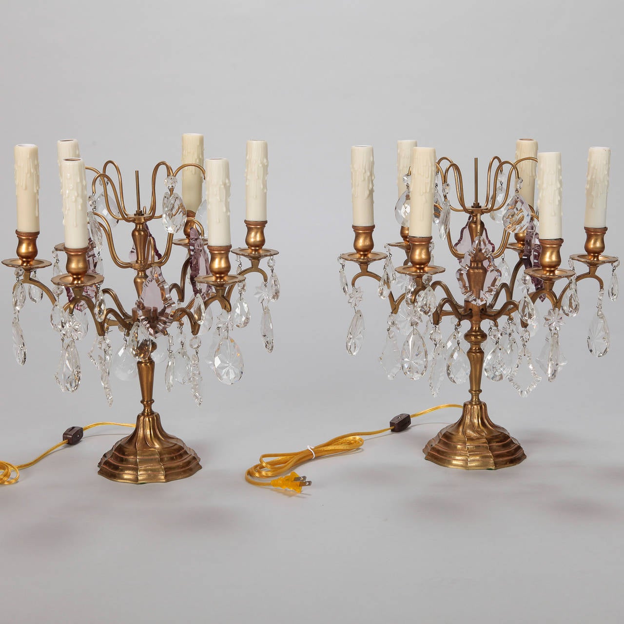French Pair Bronze and Crystal Electrified Candelabra Lamps