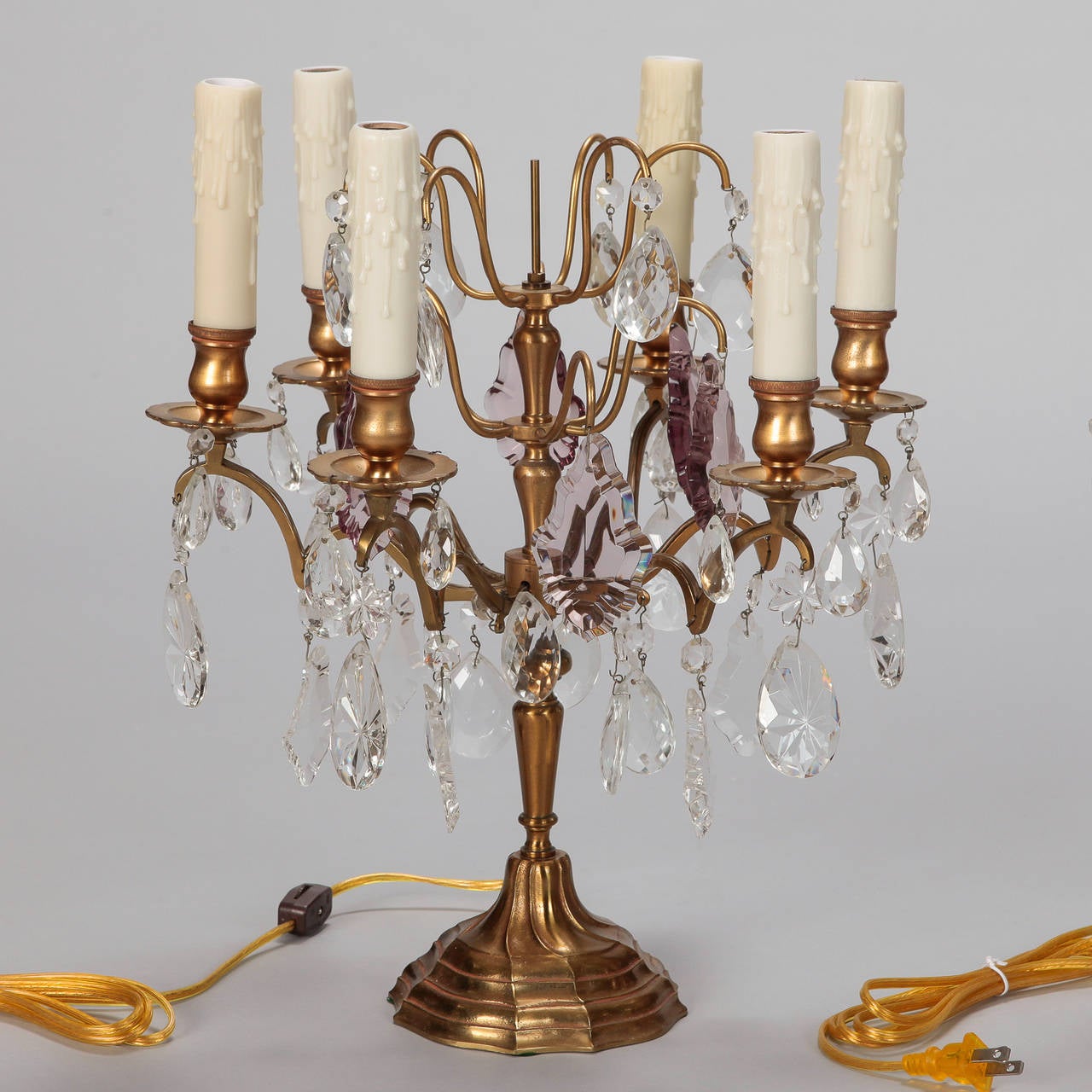 Early 20th Century Pair Bronze and Crystal Electrified Candelabra Lamps