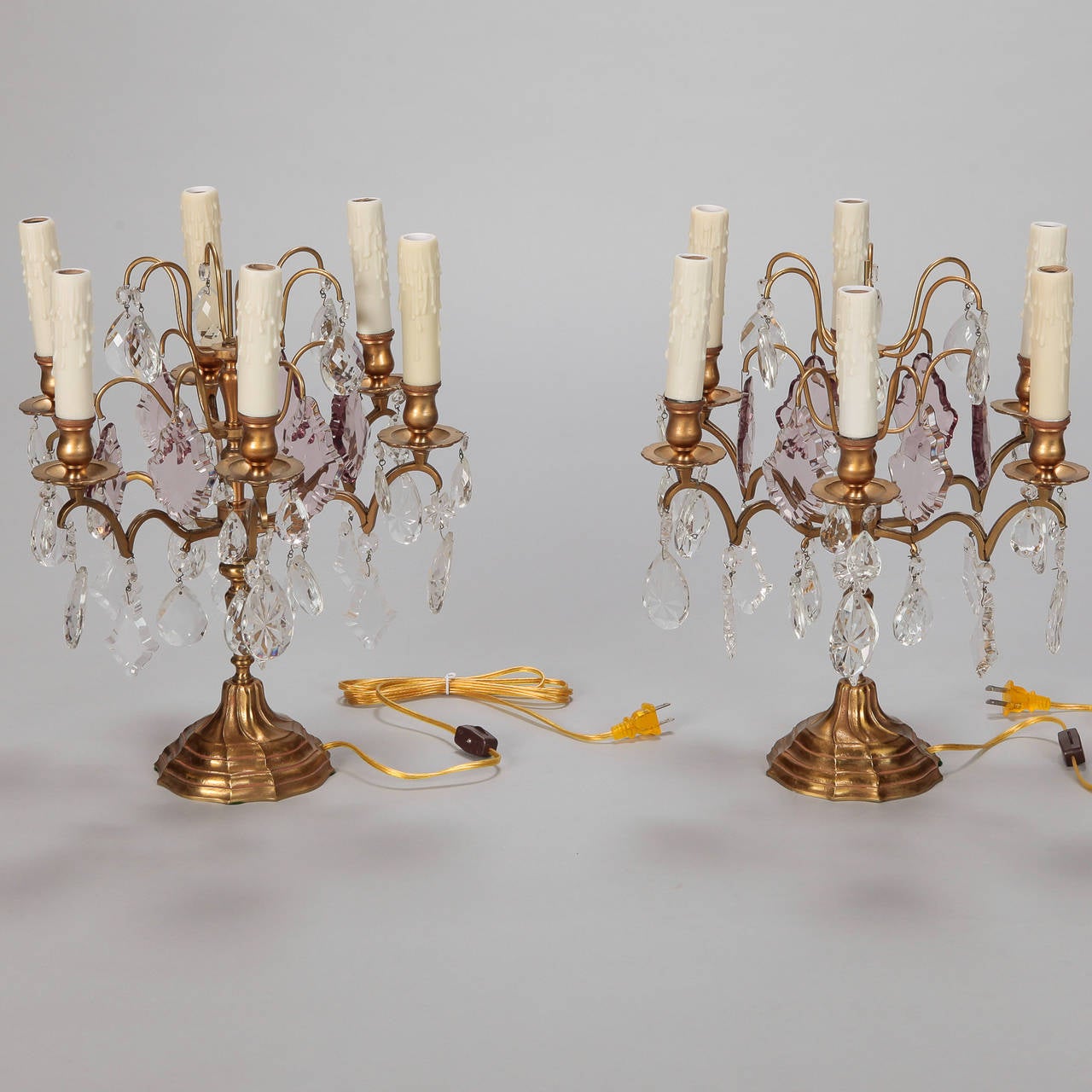 Pair Bronze and Crystal Electrified Candelabra Lamps 3