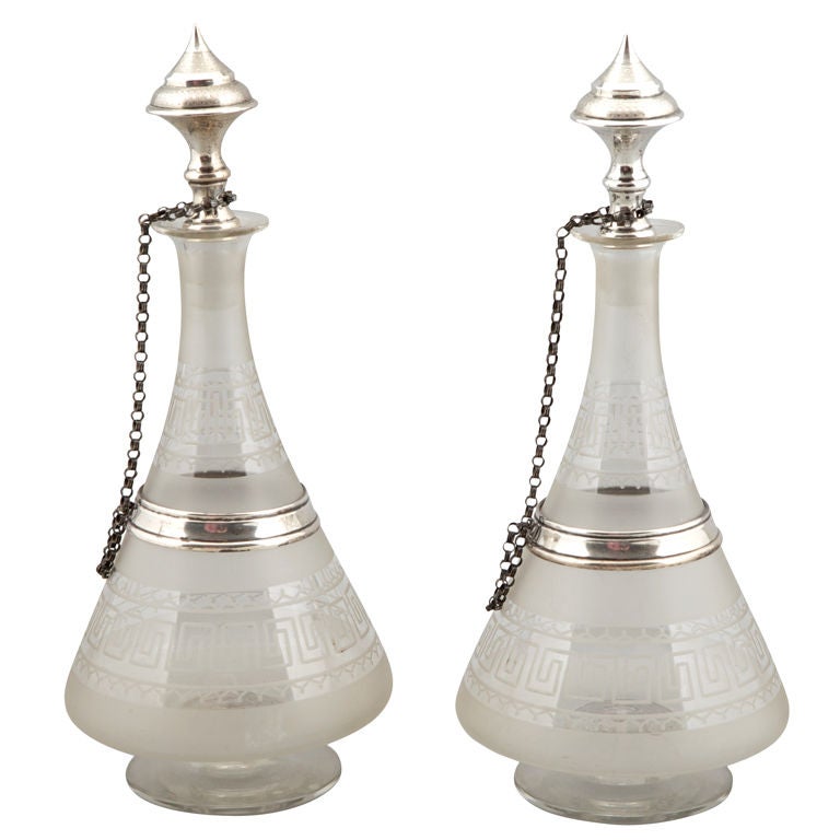 Pair 19th Century Dutch Glass Decanters with Sterling Silver