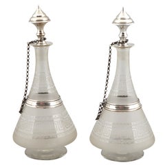 Antique Pair 19th Century Dutch Glass Decanters with Sterling Silver
