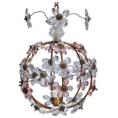 Small Round Brass and Crystal Floral Chandelier