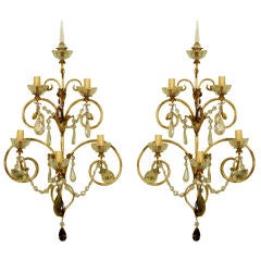 Pair French Brass and Crystal Five Light Sconces