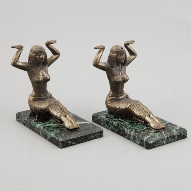 Pair of Art Deco Marble and Brass Egyptian Figural Bookends