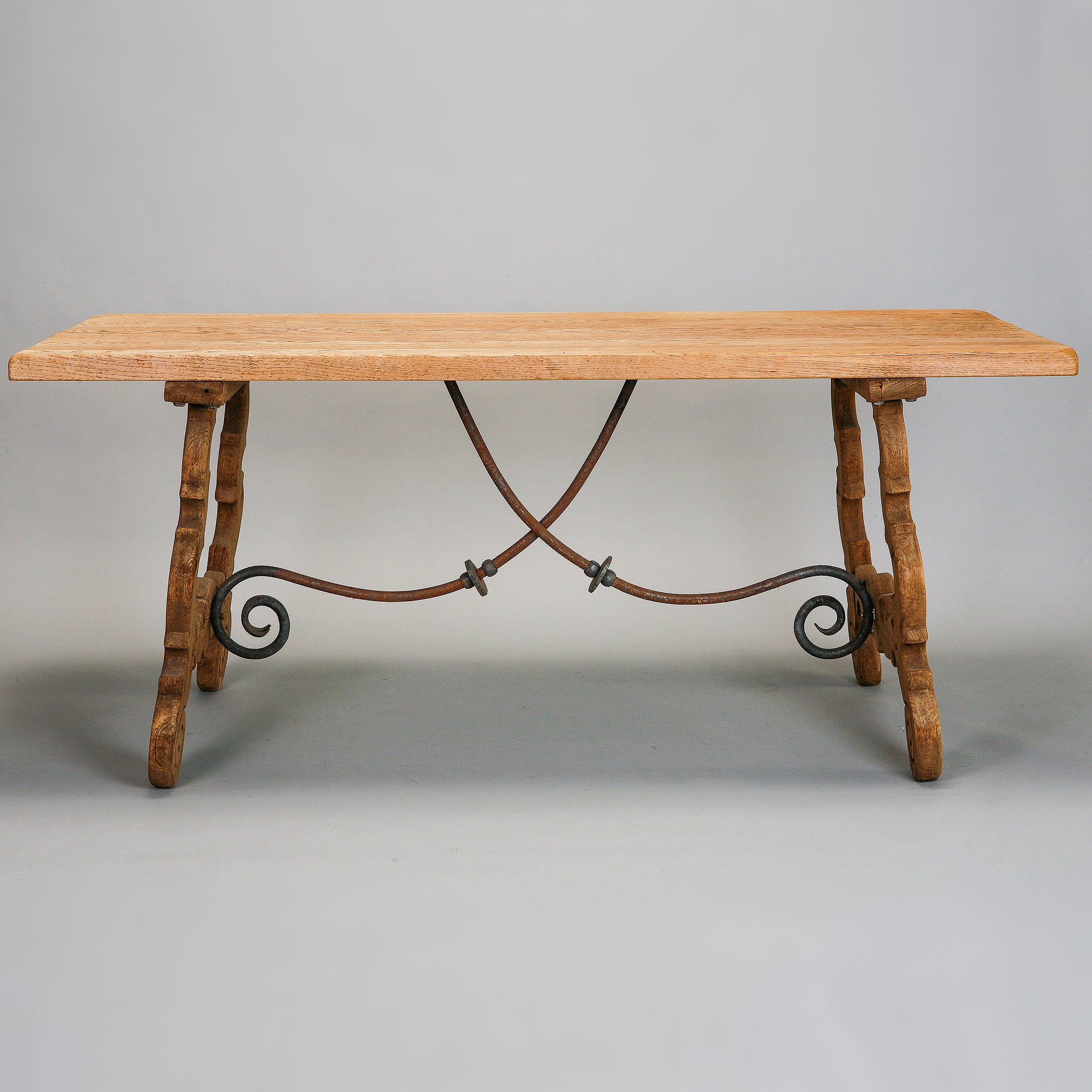 19th Century Spanish Bleached Oak Table with Iron Stretchers