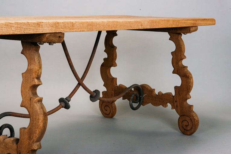 19th Century Spanish Bleached Oak Table with Iron Stretchers In Good Condition In Troy, MI