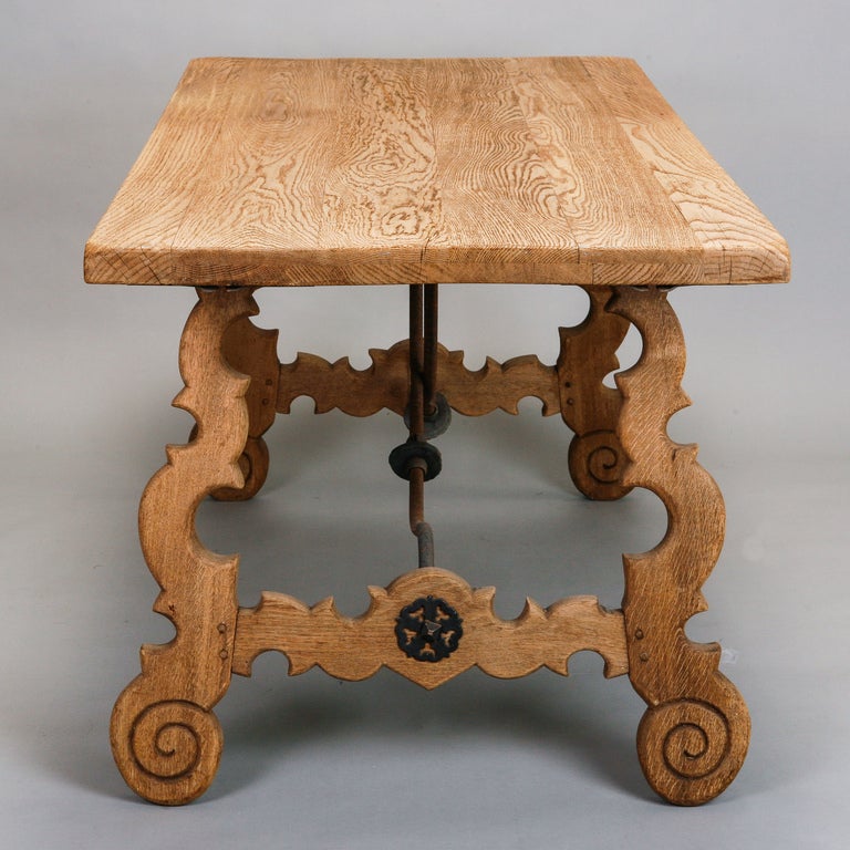 19th Century Spanish Bleached Oak Table with Iron Stretchers 1