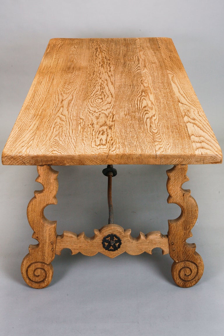 19th Century Spanish Bleached Oak Table with Iron Stretchers 2