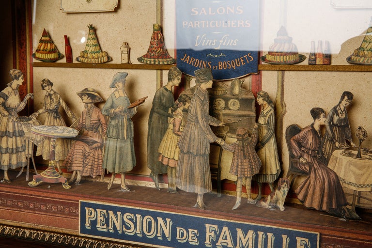 19th Century French Pension de Famille Cut Paper Diorama In Excellent Condition In Troy, MI