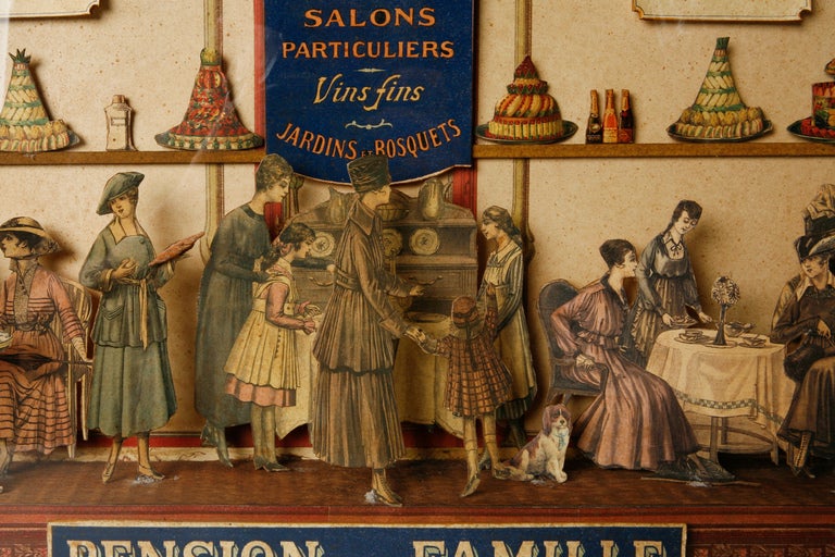 Wood 19th Century French Pension de Famille Cut Paper Diorama
