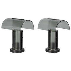 Vintage Pair Italian Mid Century Modern Smoked Glass Table Lamps