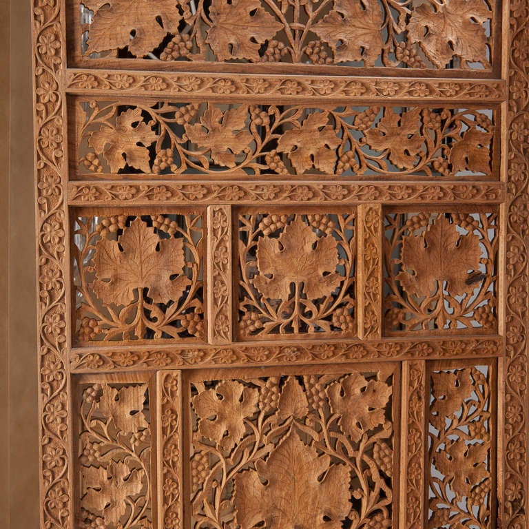 Wood Anglo Indian Elaborately Carved Four Panel Screen
