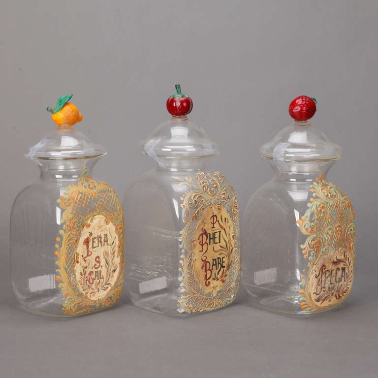 Italian Venetian Glass Lidded Apothecary Jar with Glass Fruit Handle