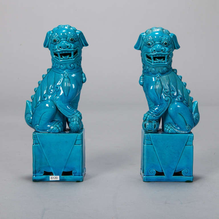 CIrca 1900 pair of Limoges foo dogs in turquoise finish on square base. Sold and priced as a pair. Other sizes in similar finish available. Please inquire.
