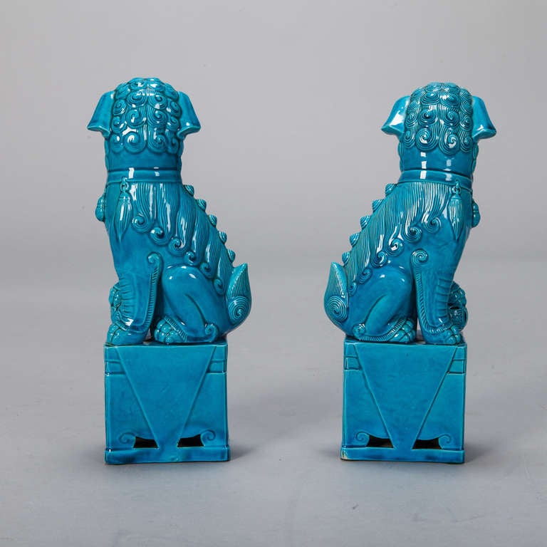 20th Century Pair Turquoise Limoges Foo Dogs