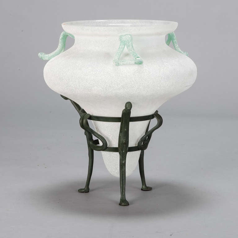 Mid-Century Modern White Seguso Verti d’Arte Murano Glass Vase on Iron Stand