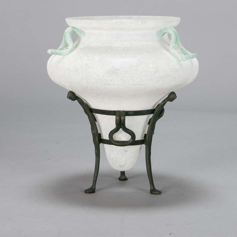 Italian White Seguso Verti d’Arte Murano Glass Vase on Iron Stand