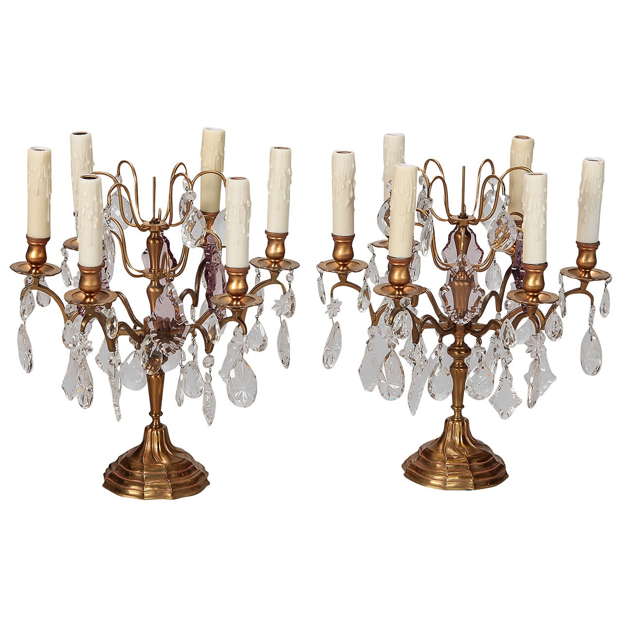 Pair Bronze and Crystal Electrified Candelabra Lamps