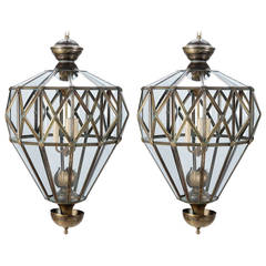 Pair Large Italian Dark Brass Lanterns With Sectioned Glass