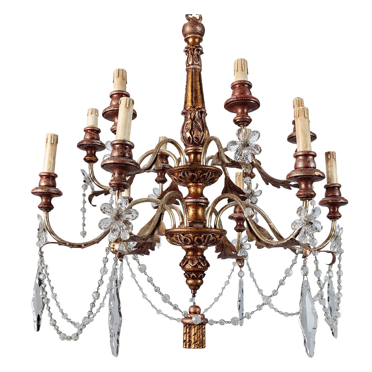 19th Century French Twelve-Light Gild Wood and Crystal Chandelier