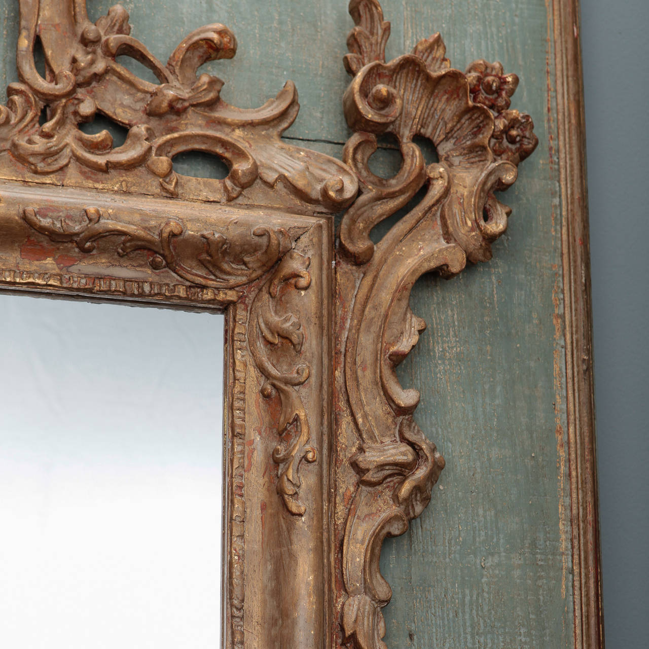 Gesso 19th Century Hand Carved Italian Mirror On Painted Wood Panel