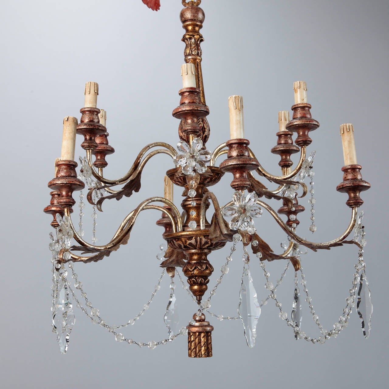 Carved 19th Century French Twelve-Light Gild Wood and Crystal Chandelier
