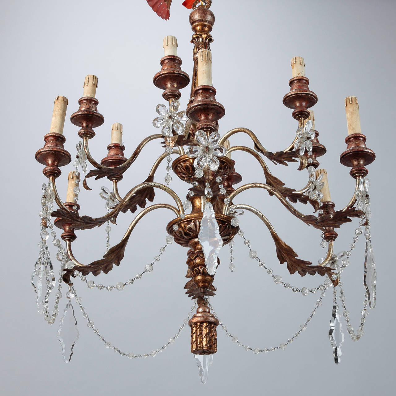 Iron 19th Century French Twelve-Light Gild Wood and Crystal Chandelier