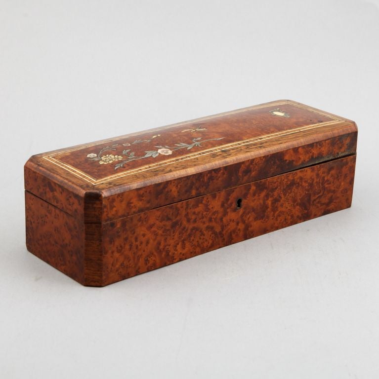 French Burl Wood Glove Box With Ivory And Mother Of Pearl Inlay At Early 20th Century French Long And Narrow Burl Wood Lidded Glove Box Locks With A