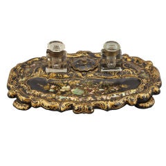 Large English Papier Mache Inkwell with Mother of Pearl Inlay 9