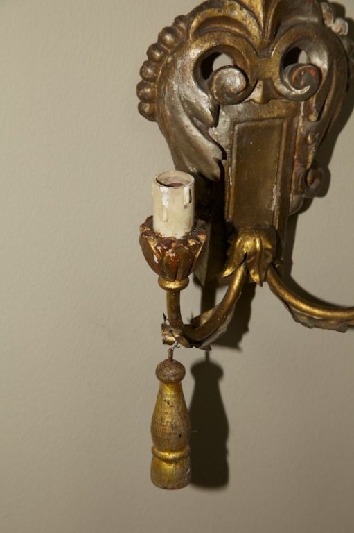Pair Italian Two-Light Giltwood Sconces with Tassels