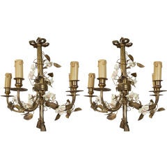 Pair French Gilded Metal Chandeliers with Porcelain Flowers