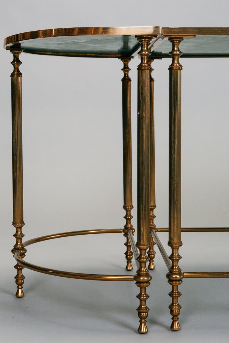 Set of Three Neoclassical Black Glass and Brass Accent Tables