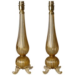 Pair of Murano Glass Lamps with Gold Inclusions