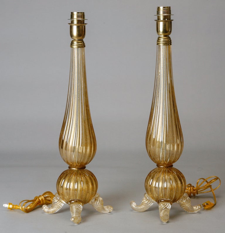 Pair of Murano Glass Lamps with Gold Inclusions
