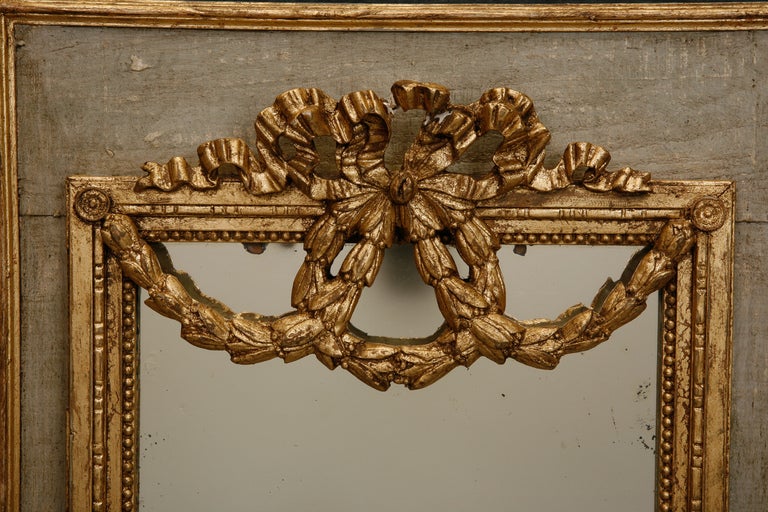 French Blue Painted Mirror With Parcel Gilt Garland and Bow Detailing