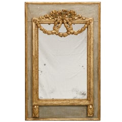 French Blue Painted Mirror With Parcel Gilt Garland and Bow Detailing