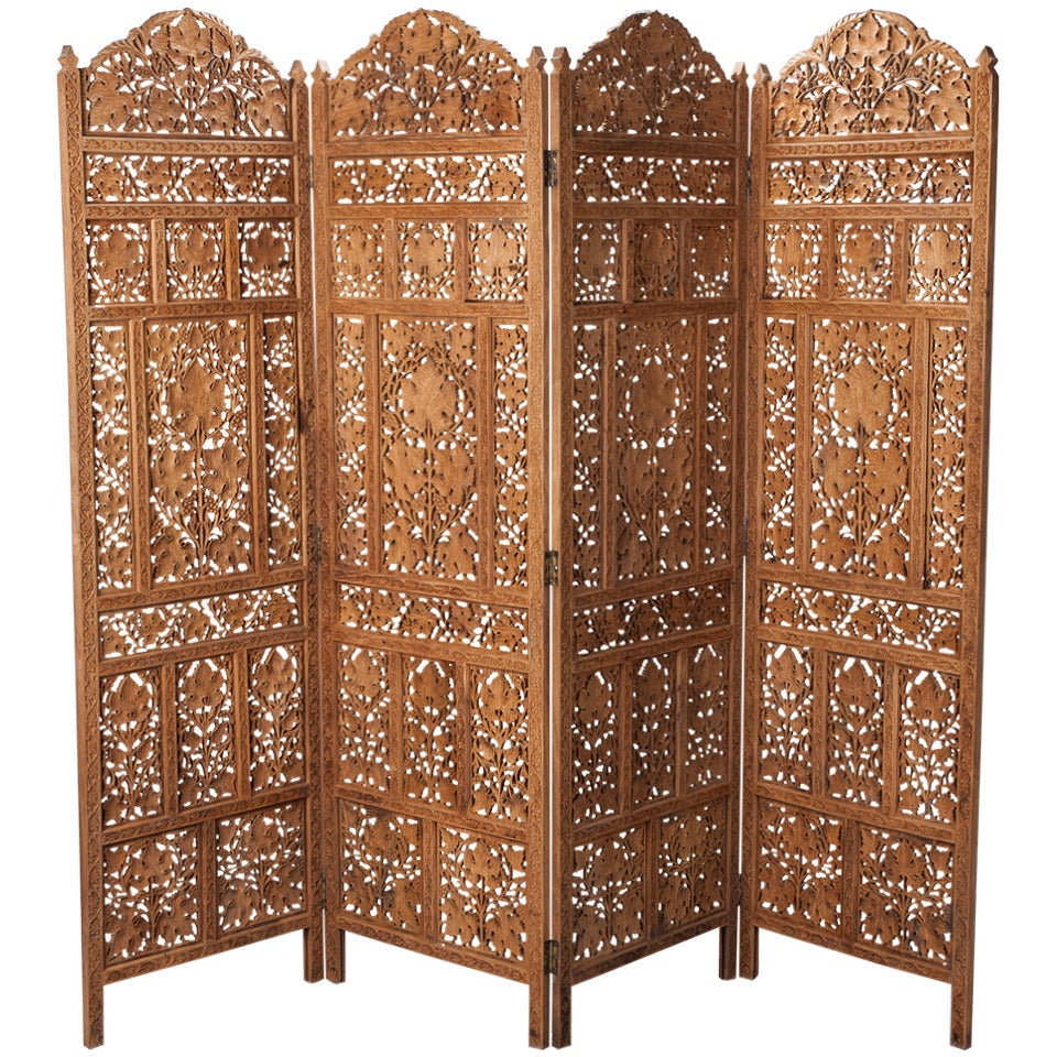 Anglo Indian Elaborately Carved Four Panel Screen