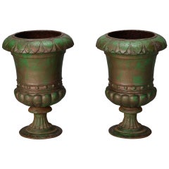 Pair 19th Century French Green Iron Urns