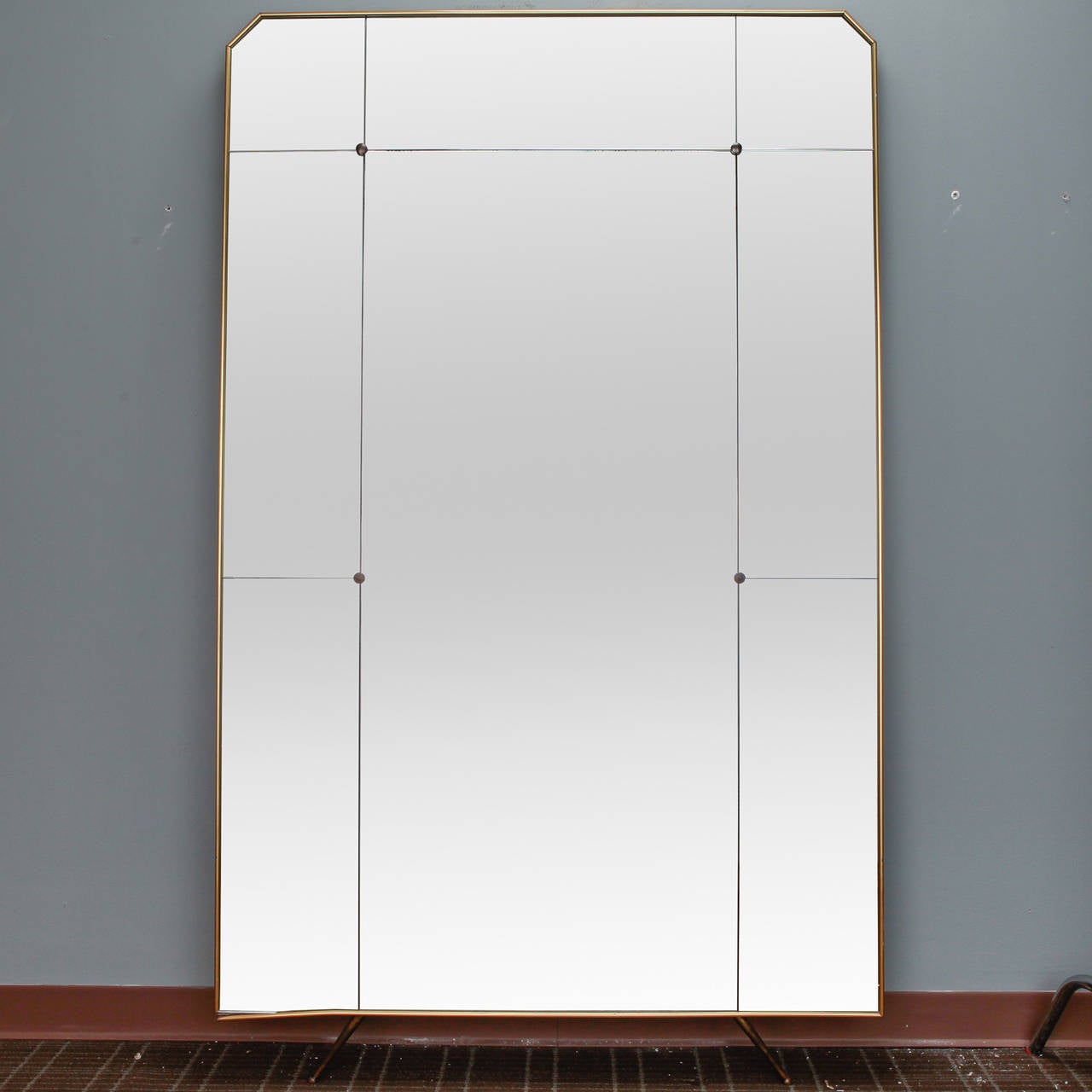 Large Mid Century Ponti Style Standing Brass Frame and Footed Mirror