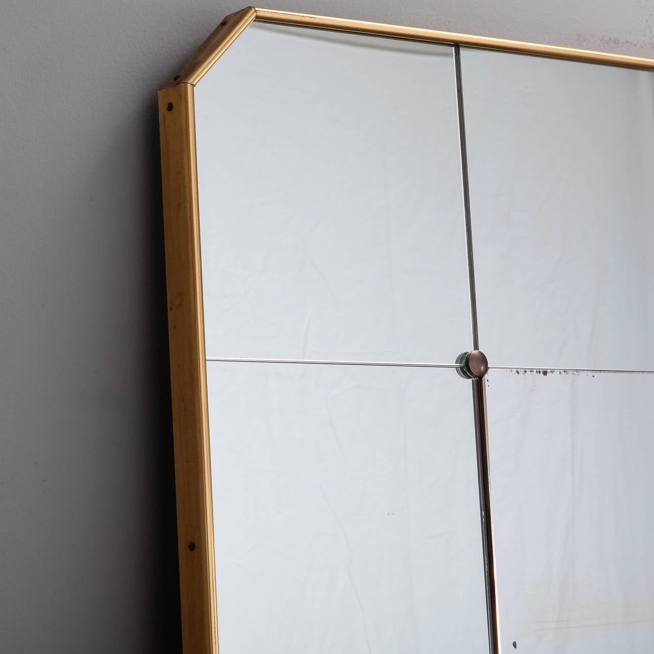 Large Mid Century Ponti Style Standing Brass Frame and Footed Mirror at