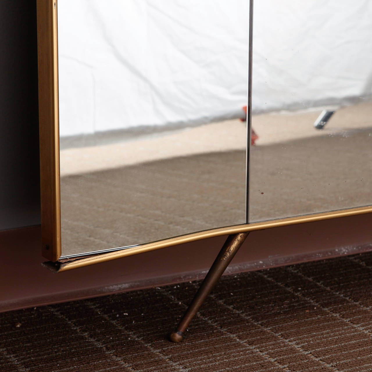 Large Mid Century Ponti Style Standing Brass Frame and Footed Mirror at