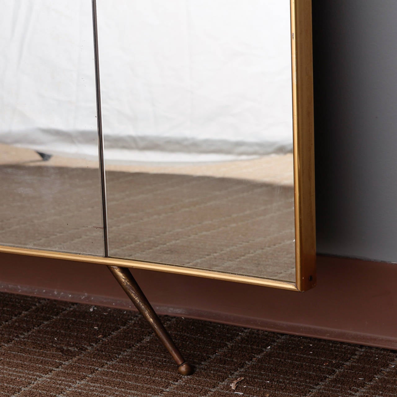 Large Mid Century Ponti Style Standing Brass Frame and Footed Mirror at
