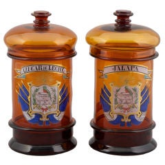 Pair of Brown Glass Hand Embellished Apothecary Jars