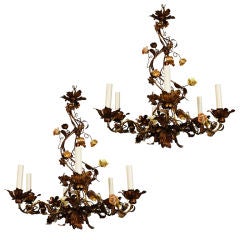 Pair French Brass Tole Chandeliers with Porcelain Flowers