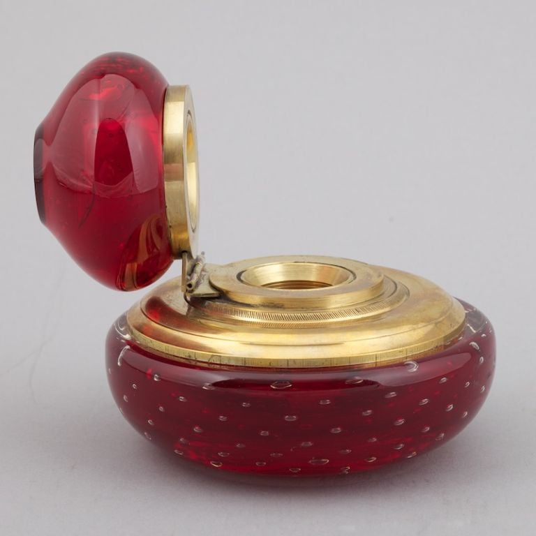 English Round Red Bubble Glass Inkwell