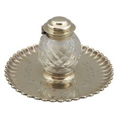 Cut Crystal Inkwell on Silver Plated Tray