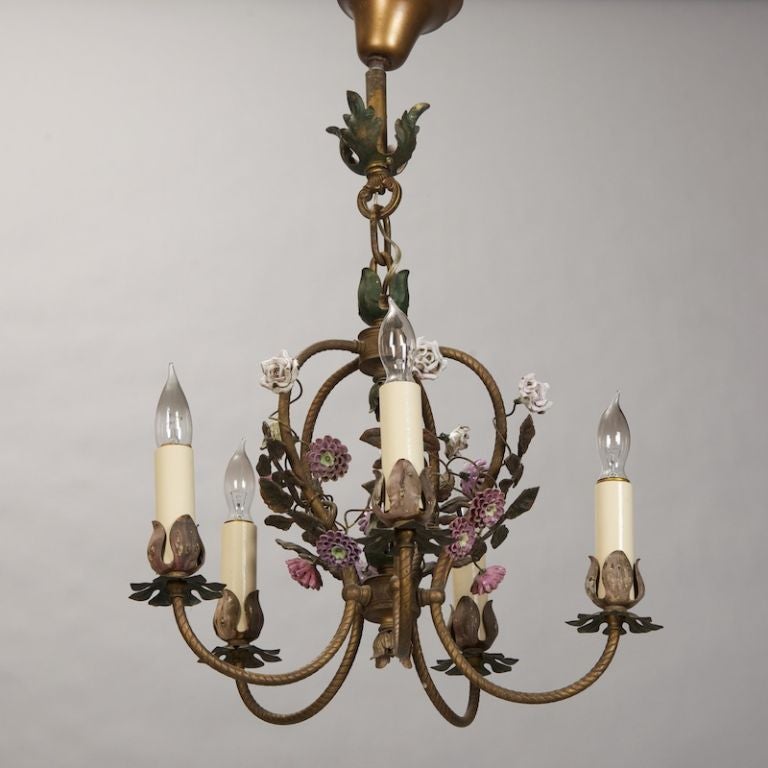 French Five-Light Brass Chandelier with Porcelain Flowers In Excellent Condition In Troy, MI