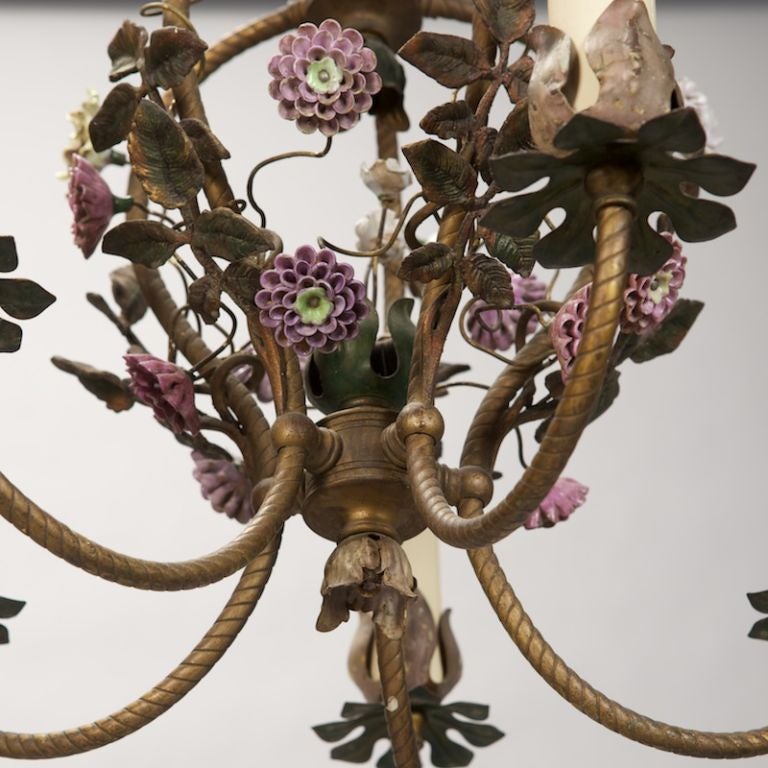 20th Century French Five-Light Brass Chandelier with Porcelain Flowers