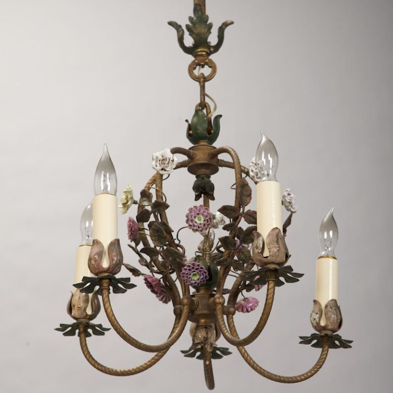 French Five-Light Brass Chandelier with Porcelain Flowers 1
