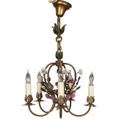 Antique French Five-Light Brass Chandelier with Porcelain Flowers